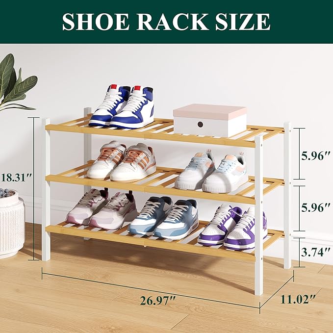 Smiry Bamboo Shoe Rack for Closet, 3 Tier Wooden Stackable Shoe Organizer, Free Standing Shoes Storage Shelf for Entryway, Front Door Entrance, Natural & White