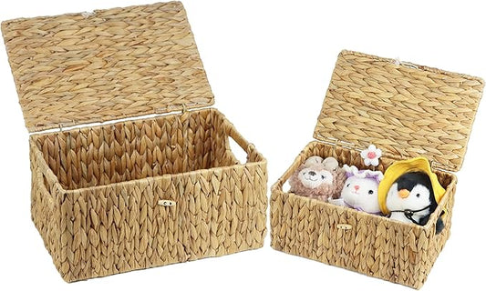 ORDELITE Set of 2 Wicker Basket with Lid, Rectangular Water Hyacinth Storage Baskets for Organizing, Decorative Woven Basket Bins Boxes for Organizing Home