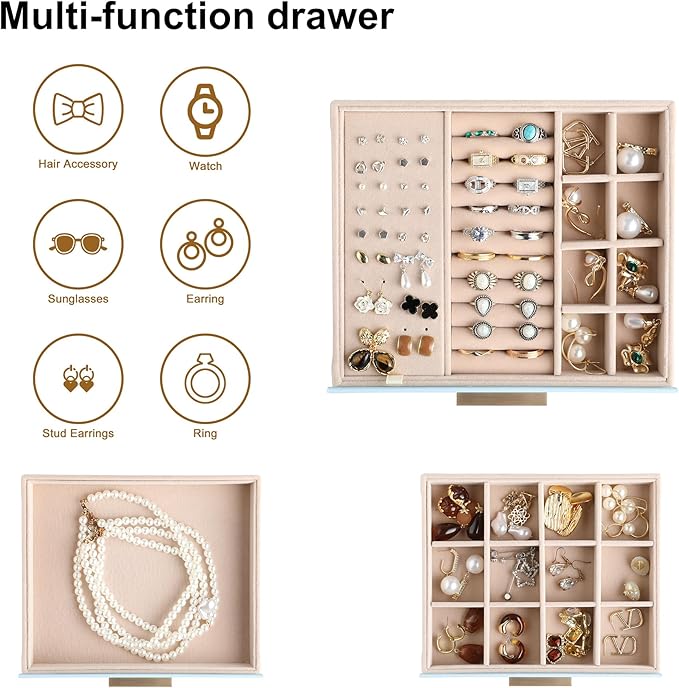 Frebeauty Clear Lid Jewelry Box,3-Layer Jewelry Organizer with Drawer,PU Leather Jewelry Organizers and Storage,Jewelry Boxes for Women,Jewelry Storage for Rings Earring Stud,Gift for Women(Sky Blue)