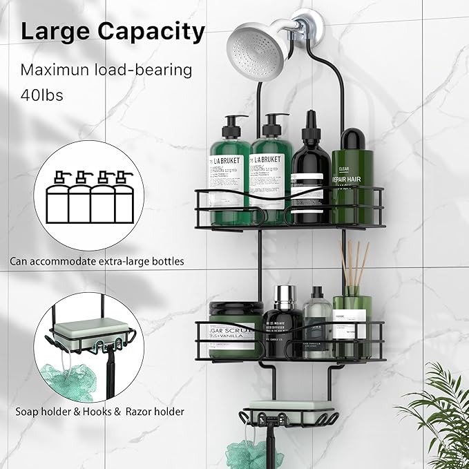 DAOYA Bathroom Shower Caddy Hanging - 3-Tier Organizer with Soap Holder & 6 Hooks for Towels, Sponge; Fits 21mm Shower Head Arm, Black