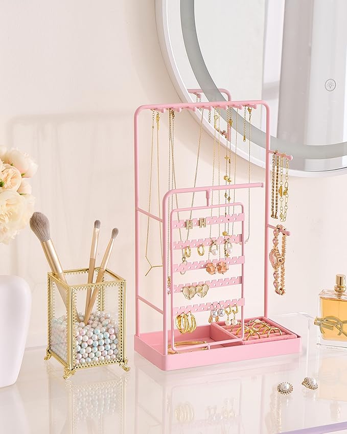 ProCase Jewelry Stand Holder Organizer, Jewelry Display Storage with Ring Tray, Rotating Earring Bracelet Necklace Holder, Valentine's Gifts Room Dorm Decor for Teen Girls -Pink (No-Assembly)