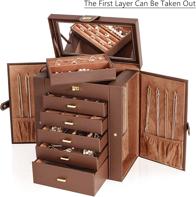 AKOZLIN Extra Large 6-Tier Jewelry Box Organizer with Mirror, 5 Drawers Leather Jewelry Storage Case for Women Girls Ring Necklace Earring Bracelet Brown