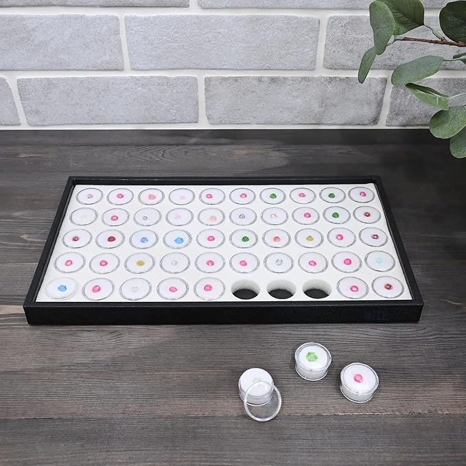 Ikee Design White Foam Gem Jars Showcase Stackable Display Tray for Collectibles, Home Organization Storage Box with 50 Gemstones and Bead Storage Jars, White Foam/Black Tray