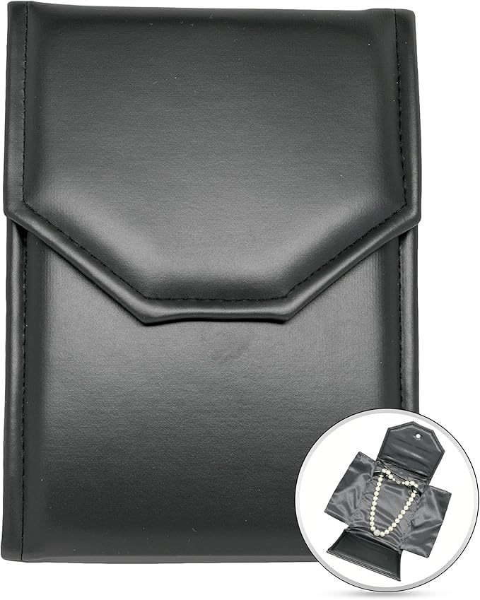 Novel Box Necklace Display Pearl Folder 8x6 inch Large Travel Jewelry Case - Wedding Jewelry Storage Holder with Smooth Finish - Jewelry Organizer Necklace Box - Black/Black Stitched