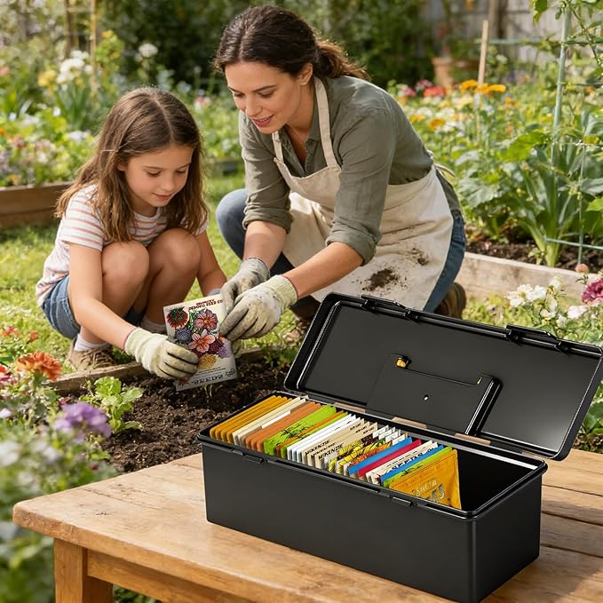 tutata Seed Packet Organizer Box Plastic Portable Seed Packet Storage Box, Seed Storage Organizer - Black