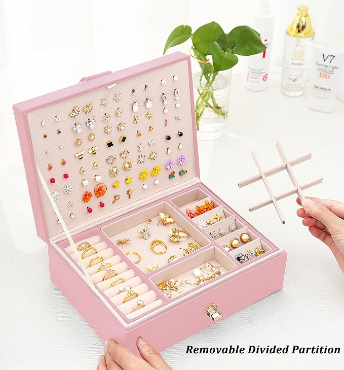 QBestry Girls Jewelry Box Earring Holder Organizer for Girls Earring Organizer Teen Jewelry Box Organizer for Girl Pink jewelry Boxes for Earrings Necklaces Rings Stud Earrings Box Organizers Teens