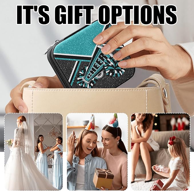 Cheerleader Travel Jewelry Case, Cheer Travel Jewelry Box for Women, Mini Jewelry Travel Case for Cheer Team, Cheerleader Gifts for Girls (Teal)