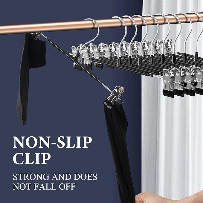 Pants Hangers with Clips for Women 120 Pack Adjustable Heavy Duty Space Saving Skirt Hangers Non-Slip Trousers, Jeans Clothes,Shorts Black,12Inch