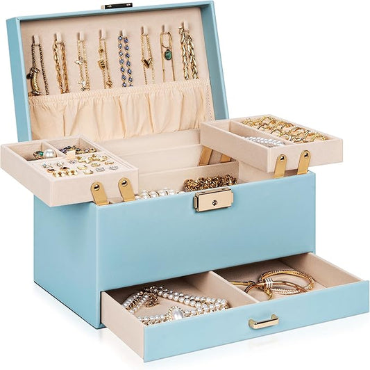 AKOZLIN Travel Jewelry Box Organizer Functional 2-trays Leather Jewelry Storage Case with Lockable Portable Drawer for Women Girls Ring Necklace Earring Bracelet