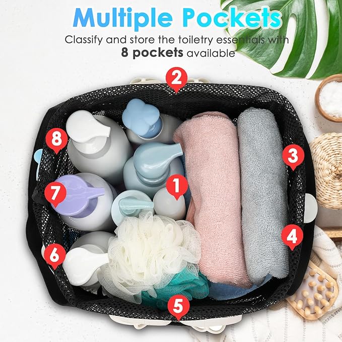 Fammart Mesh Shower Caddy Portable with Drawstring, Dorm Room Essentials for College Girls Guys, 8-Pocket Extra Large Shower Bag Basket Tote for Camping Beach Gym Travel Toiletry Bathroom
