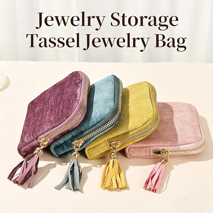 Travel Jewelry Organizer Bag Small Jewelry Holder Case with Tassel Zipper for Vacation Business Trip, Velvet Necklace Earrings Bangles Storage Box for Women Girls
