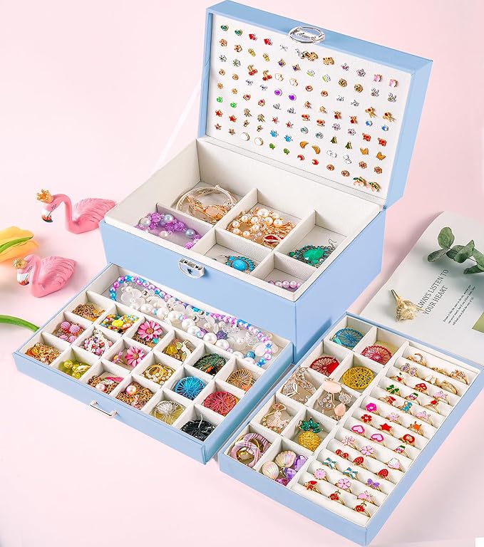QBestry Earrings Jewelry Box for Girls, 5 Layers Jewelry Organizer with Earring Holder Organizer for Girls Earring Organizer Jewelry Boxes for Women Earrings and Necklaces Jewelry Box Organizer Blue