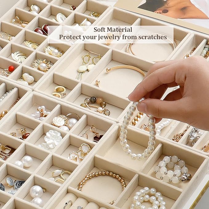 Stackable Jewelry Organizer Trays Set of 9, Small Velvet Jewelry Organizers Earring Necklace Ring Bracelet Display Case Storage for Drawer Dresser (Beige)