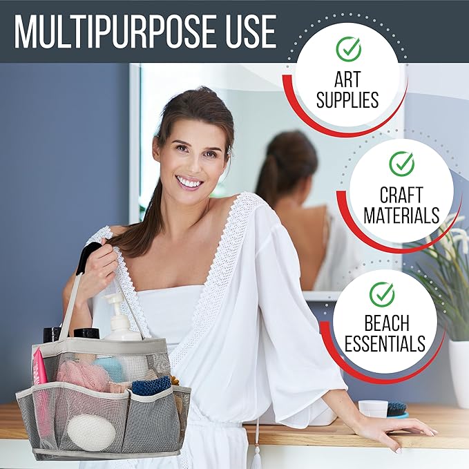 Masirs Mesh Shower Caddy – 9 Pocket Portable Shower Caddy Organizer for College Dorm, Travel, Gym, Bathroom – Quick Dry, Lightweight Tote Bag for Toiletries & Essentials, Gray