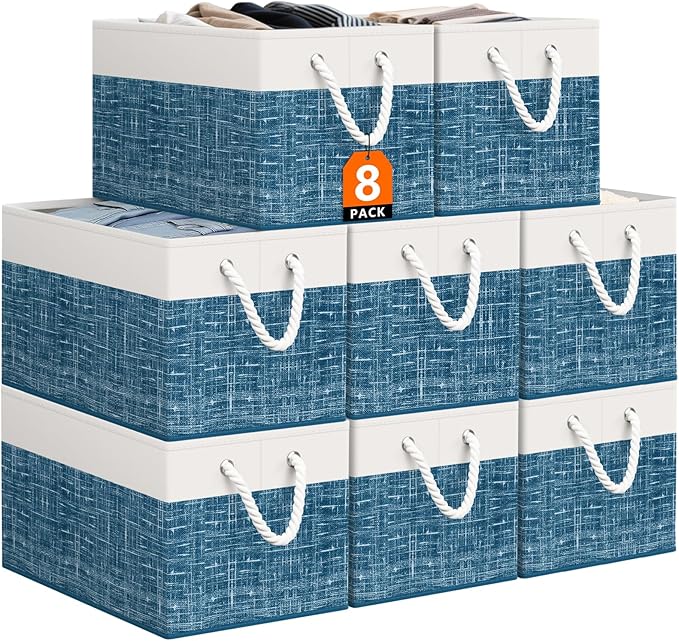 StorageTastic Storage Bin,Collapsible Storage Basket For Organizing,Large Storage Boxes With Rope Handles,Storage Containers,White & Blue,8 Pack