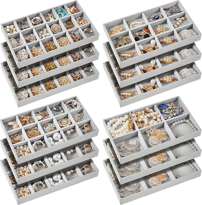 Junkin 12 Pcs Jewelry Tray Velvet Stackable Jewelry Organizer Trays Divided Earring Accessories Storage Containers Box (Rose Red)