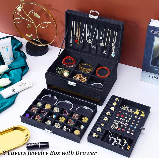 QBestry Jewelry Box for Women with Drawer, 3-Layer Large Jewelry Organizer with Lock & Key, 8 Necklace Hooks & 56 Earring Holes, Black Velvet Jewelry Storage Box for Necklaces Earrings Rings Bracelets