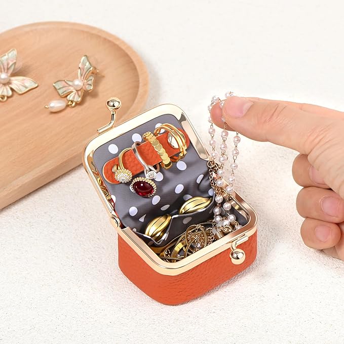 Zivyes Mini Jewelry Box Travel Small Coin Purse Organizer Case Genuine Leather Tiny Size (Orange)