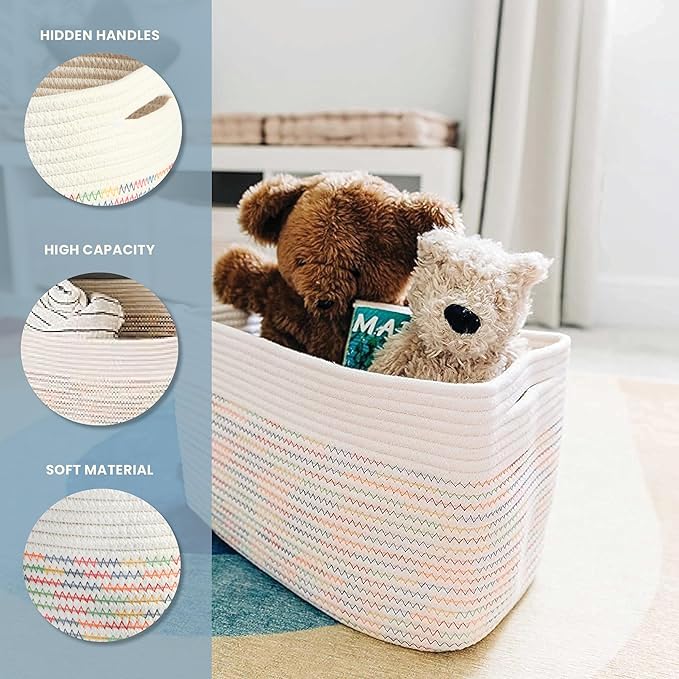 OrganiHaus Rainbow Basket - Colorful Woven Storage Basket for Playroom, Nursery & Classroom Decor & Toy Storage, Rainbow Stitches 15x9x10