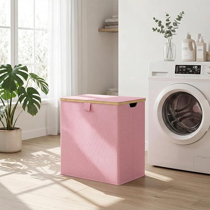 efluky Laundry Hamper with Lid, Double Laundry Hamper with 2 Removable Bags, 2 Section Laundry Basket with Bamboo Handles for Bathroom, Bedroom & Laundry Room (Pink, 140L Dual)