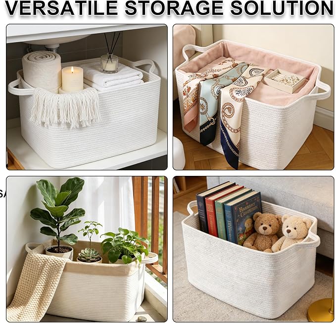 Large Blanket Basket,Woven Rope Basket Storage Bin with Handles,65L Rectangle Laundry Basket for Magazines,Toys,Clothes,Newspaper Shelf Organization,Nursery and Living Room,White