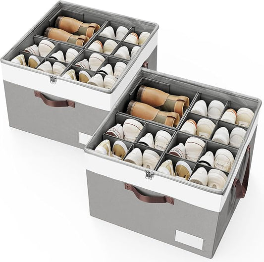 Criusia Shoe Organizer for Closet, 2 Pack Foldable Shoe Storage Organizer Box Bin with Adjustable Dividers and Clear Cover, Closet Shoe Storage for Sneakers Sandals Boots, Fit 16-32 Pairs, Gray