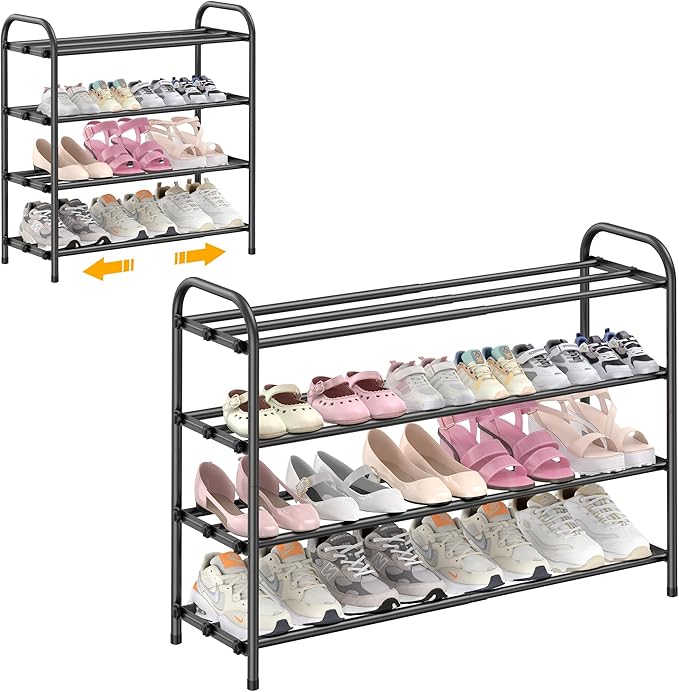 Hleelomi 4-Tier Expandable Shoe Rack for Entryway，Adjustable Metal Shoe Organizer for Closet,Living Room,Dorm,Black