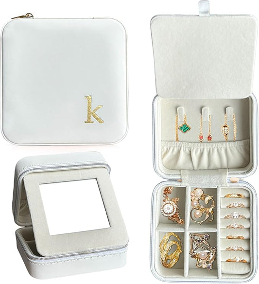 COLLECTIVE HOME - Travel Jewelry Case, Elegant Square Design with Gold Engraved Monogram, Built-in Mirror, Personalized Accessory Organizer for Rings, Necklaces, Gift for Women and Teens (k)