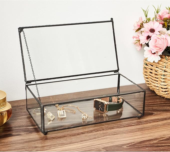 Vintage Glass Jewelry Box Keepsake Box with Hinged Lid, Great for Storage Trinket/Jewelry/Card/Photo, Black Decorative Box for Dresser-15612EX