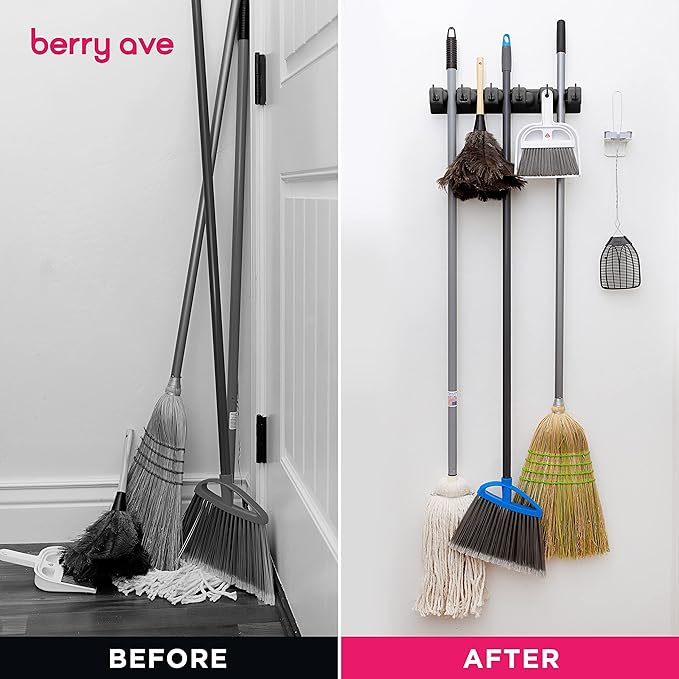 Berry Ave 5 Racks 6 Hooks Mop and Broom Holder Wall Mount, Broom Organizer Storage Tool Rack, Heavy Duty Wall Mount for Brooms and Mops, Utility Closet Garage Kitchen Laundry Organizer
