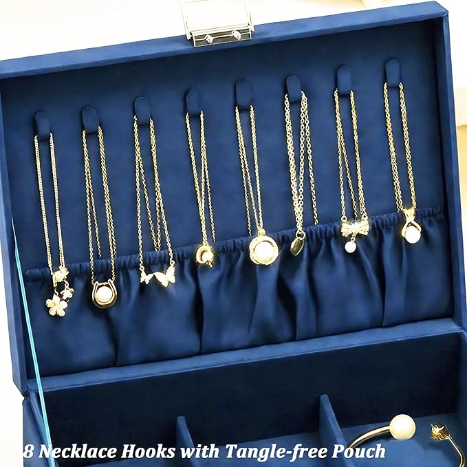 QBestry 3-Layer Jewelry Box for Women with Lock and Key & Drawer, Large Jewelry Organizer with 8 Necklace Hooks & 56 Earring Holes, Navy Velvet Jewelry Storage Box for Necklaces Earrings Ring Bracelet