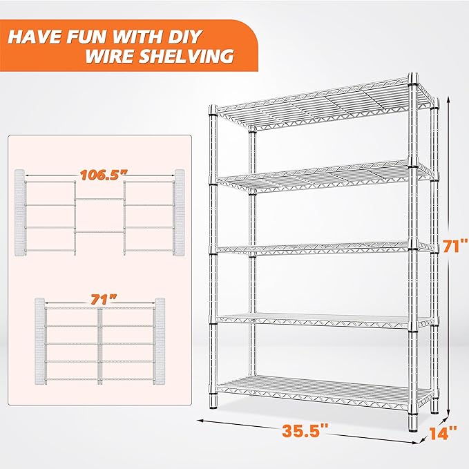 REIBII 5 Tier Metal Shelving Storage Shelves, 71''H Adjustable Wire Shelves Garage Shelving Unit for Kitchen, Pantry, Laundry Room, Warehouse, Office, 71H X 35.5W X 14D, Chrome