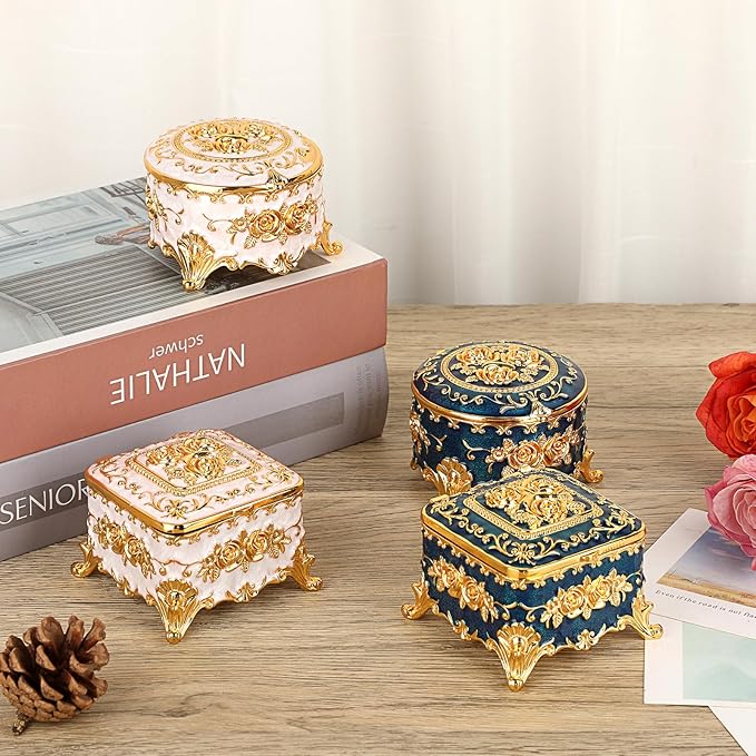 Hipiwe Vintage Metal Jewelry Box - Small Trinket Organizer Ring Box Case with Rose Pattern, Jewelry Storage Box for Ring Earrings Necklace, Keepsake Box for Women, 3"x3"x2.4"