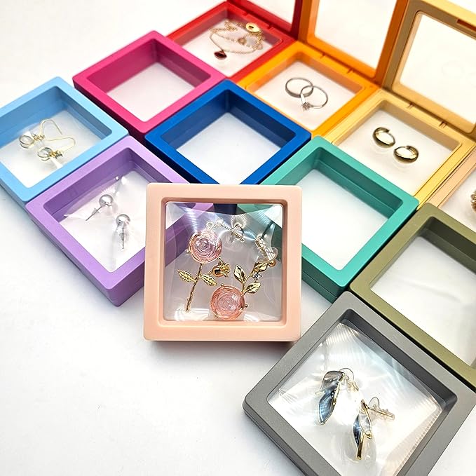 12PCS 3D Floating Frame Display Stand, Jewelry Box, Gift Box, Ornament Organizer, Small Travel Jewelry Box, PE Film Anti-Oxidation, Suspended Display Box Stackable (Multicolour, 2.75 * 2.75)