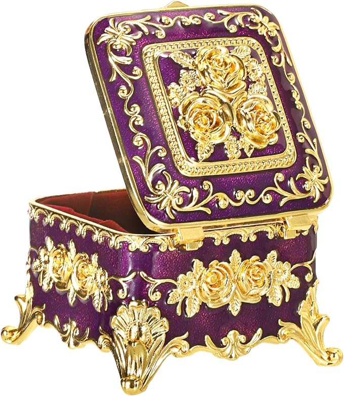 Hipiwe Vintage Jewelry Box Small Trinket Storage Organizer Box Gold Metal Chest Ring Case Treasure Chest Square Keepsake Boxes for Earrings Necklace Gift for Women,Purple