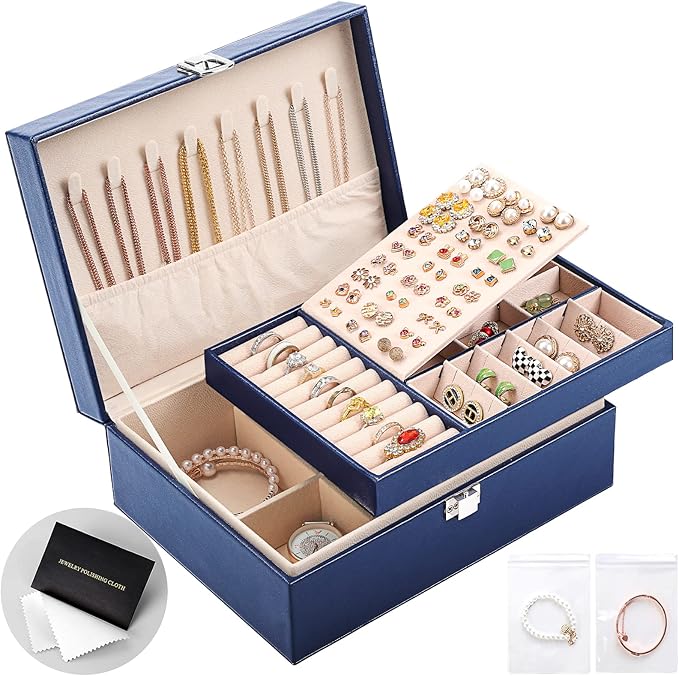 Jewelry Organizer Box PU Leather Jewelry Box for Girls Womens Earring Organizer Boxes 2 Layer Large Jewelry Storage Case Removable Tray for Necklace Earring Ring with Polishing Cloth and Jewelry Bags