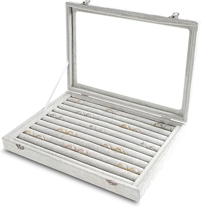 Frebeauty Rings/Earrings Organizer Tray with Clear Lid 10 Slots Velvet Drawer Insert Jewelry Storage box with Glass lid Jewelry Display Case Showcase Gift for Girls Women (Grey, 10 Slots)