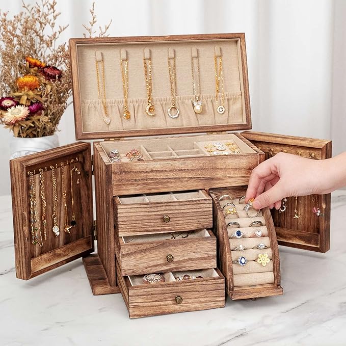 Poyilooo Jewelry Box Organizer, Solid Wood Jewelry Boxes for Women for Storage & Display Necklace Ring Earring Bracelet, Rustic Style Jewelry Organizer Box for Women Gifts (Carbonized Brown)