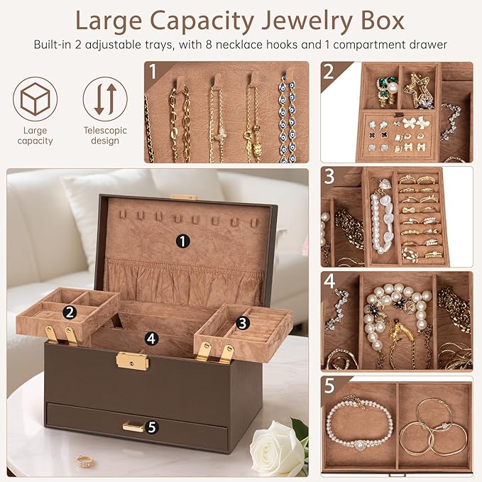 AKOZLIN Travel Jewelry Box Organizer Functional 2-trays Leather Jewelry Storage Case with Lockable Portable Drawer for Women Girls Ring Necklace Earring Bracelet