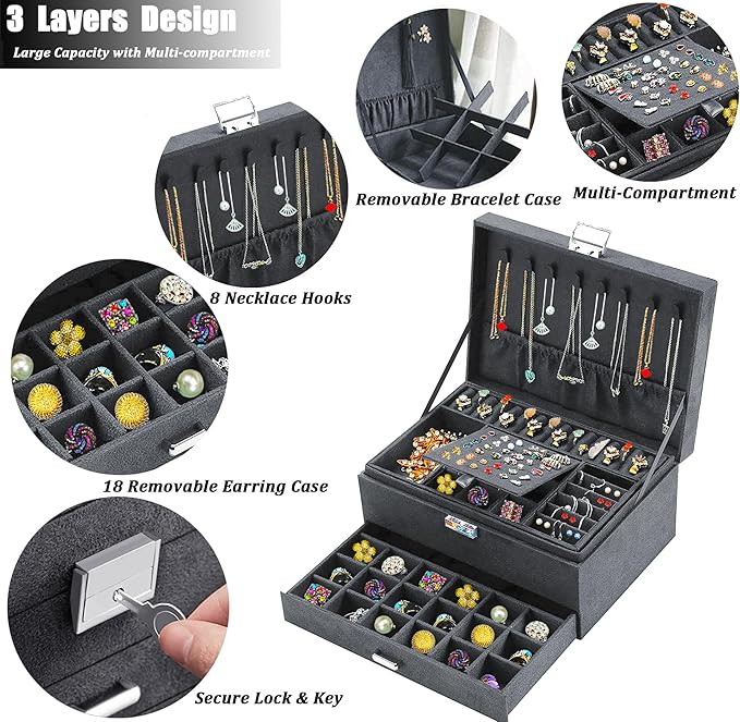 QBestry 3-Layer Jewelry Box for Women with Lock and Key & Drawer, Large Jewelry Organizer with 8 Necklace Hooks & 56 Earring Holes, Grey Velvet Jewelry Storage Box for Necklaces Earrings Ring Bracelet