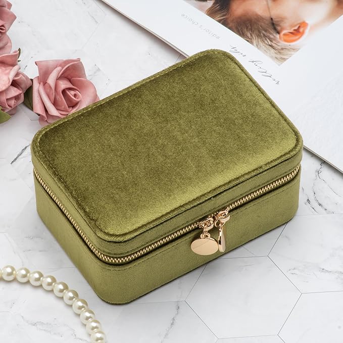 Velvet Travel Jewelry Organizer Box with Zipper Around Portable Accessory Display Tray Holder Storage Case for Multiple Earrings Rings Necklaces Bracelets (Olive Green)