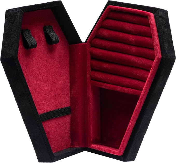 Velvet Coffin Jewelry Travel Case Holder for Gothic Wedding Ceremony Jewelry Organizer Decoration (Black and Red)
