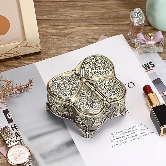 Hipiwe Vintage Metal Jewelry Trinket Box - Butterfly Shape Jewelry Organizer Treasure Chest Ring Holder Earrings Necklace Storage Box Keepsake Box,Brozne,Medium