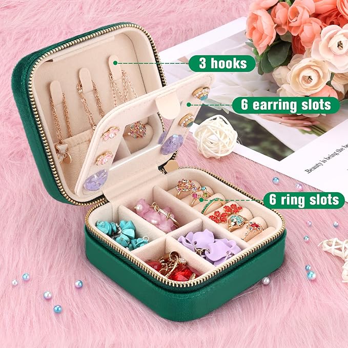 DesignSter Travel Jewelry Box - Velvet Mini Jewelry Organizer, Small Jewelry Case for Girls Women, Jewelry Storage Box for Rings Earrings Necklace (Square, Emerald Green)