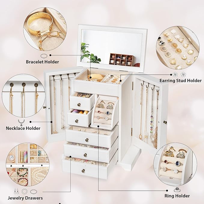 Jewelry Box for Women, Rustic Wooden Jewelry Boxes & Organizers with Mirror & Drawers,6 Layer Jewelry Organizer Box for Rings Earrings Necklaces Bracelets ((Weathered White)