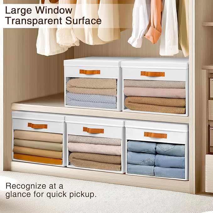 Homsorout Large Storage Bins with Lids - 6 Pack Foldable Decorative Organizers with Clear Windows & Handles, Cube Storage Organizers for Clothes, Blankets, Sweaters, CD, White