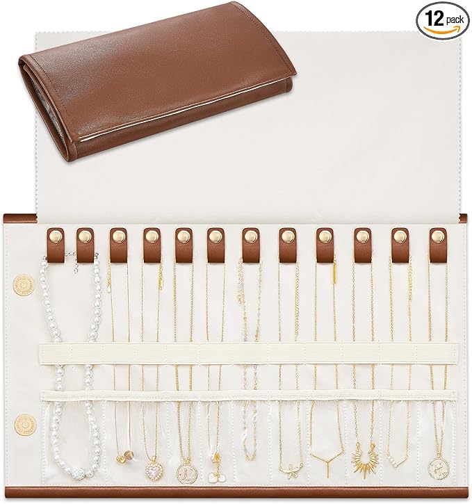 Lolalet Travel Necklace Organizer, Tangle-Free Necklace Case for Travel, Leather Foldable Roll Up Jewelry Storage Bag for Necklaces Chains Bracelets, Mothers Day Gift