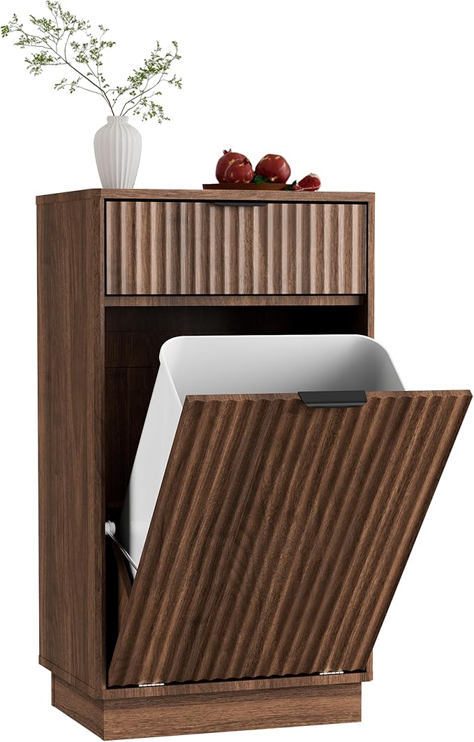 Tilt-Out Trash Cabinet with 10-Gallon Capacity, Walnut Laundry Hamper Cabinet, 34.3 x 19 x 13.8 inches, Wave-Textured Front.