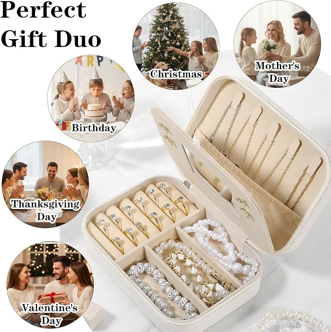 2-Pack PU Leather Travel Jewelry Organizer Cases with Mirror for Women, Portable Velvet Jewelry Box Set for Earrings, Rings, Necklace, Bracelet - Luxury Gift Set (Beige)