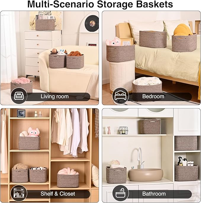 ICERZCZ Storage Baskets for Shelves Organizing, Woven Cotton Rope Baskets for Storage, Book Basket, Decorative Shelf Basket, 12.5"Lx9.1''Wx7.9''H (4 Packs) Dark Brown